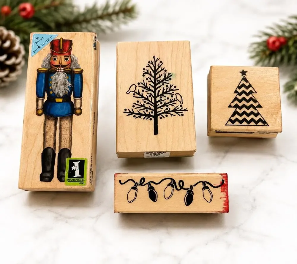 Christmas Rubber Stamp Lot of 4 Inkadinkado Paper Source Craft Smart Wood Mount